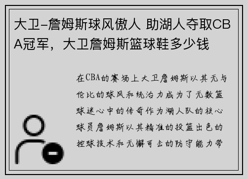 大卫-詹姆斯球风傲人 助湖人夺取CBA冠军，大卫詹姆斯篮球鞋多少钱