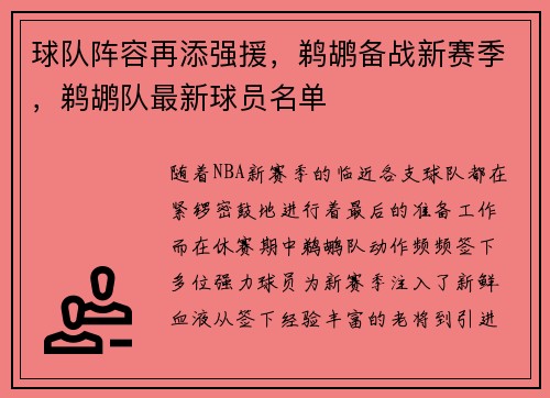 球队阵容再添强援，鹈鹕备战新赛季，鹈鹕队最新球员名单