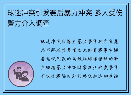 球迷冲突引发赛后暴力冲突 多人受伤警方介入调查